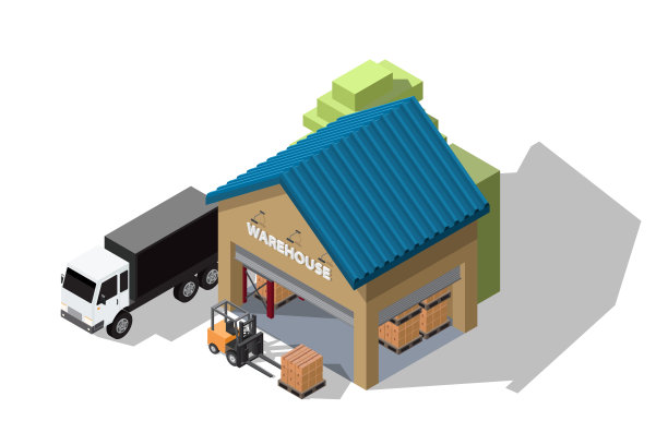 等角矢量说明仓库，货物存储在托盘和货架上，货物集装箱卡车和叉车隔离在白色背景上的高效仓库管理的概念图片下载
