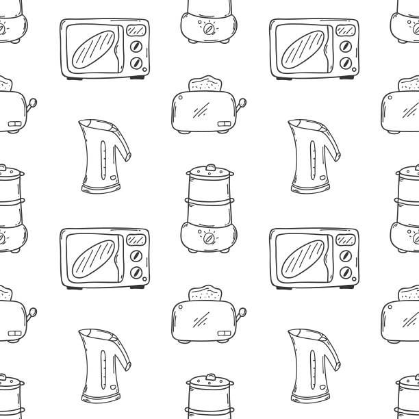 无缝模式与厨房电器。微波炉，水壶，烤面包机，蒸笼。单色背景与简单的手绘轮廓涂鸦元素。在白色背景上的黑白矢量图案。图片下载