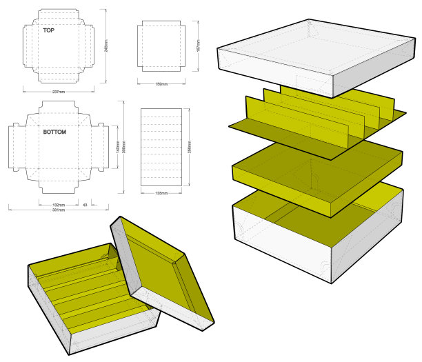 巧克力盒和模切图案。.eps文件是完整的，功能齐全。为真正的纸板生产准备。图片下载