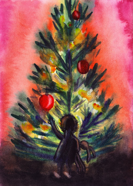 水彩画圣诞贺卡。神圣的夜晚。宝宝，孩子拿着毛绒玩具，伸手去拿圣诞树上装饰着花环的红球。图片下载