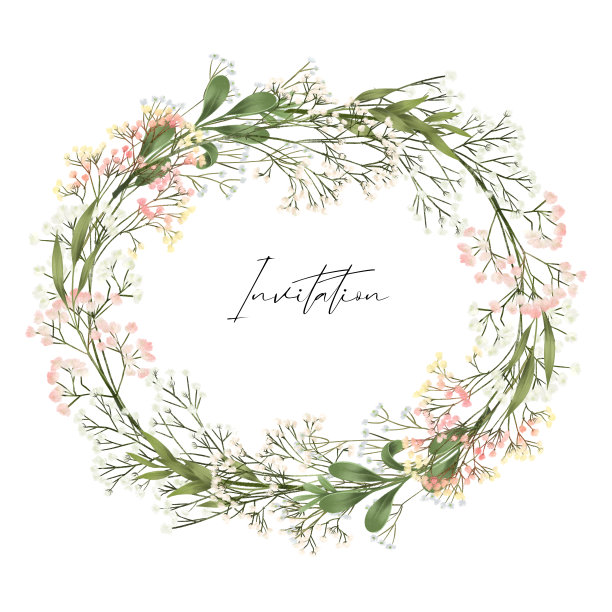 绿色植物和满天星枝干组成的花环，白色背景上的独立插图，用于婚礼、贺卡、请柬等图片下载