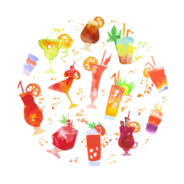 水彩画鸡尾酒玻璃杯与吸管夏天图片下载