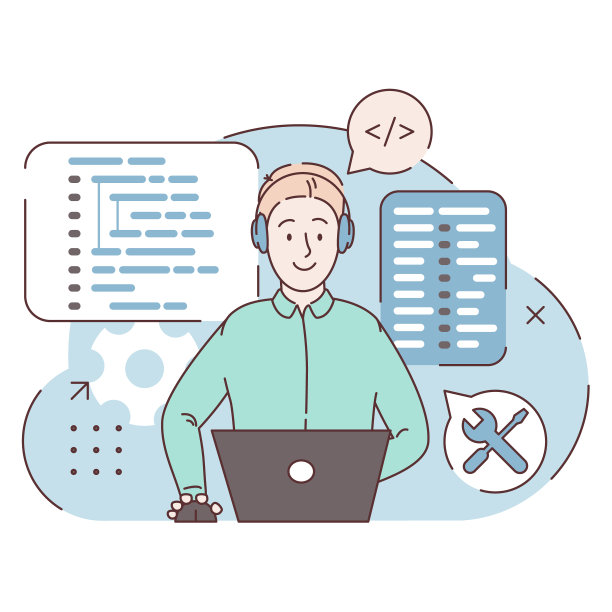 脚本编码、编程的概念。一种编程语言。在电脑上做网络开发的程序员。软件开发人员。程序员的工作场所。平的插图图片下载