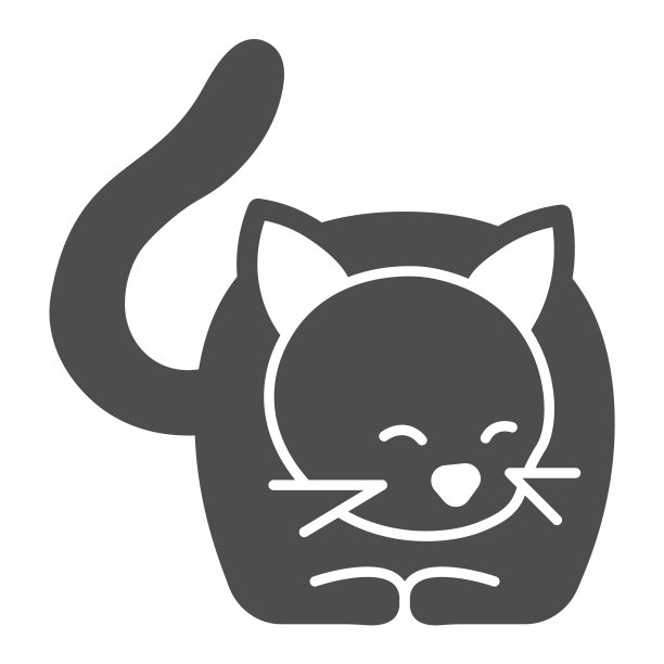 躺着的猫，有尾巴和胡须的小猫固体图标，宠物概念，小猫躺在白色背景矢量标志，字形风格图标的移动概念和网页设计。矢量图形。图片下载