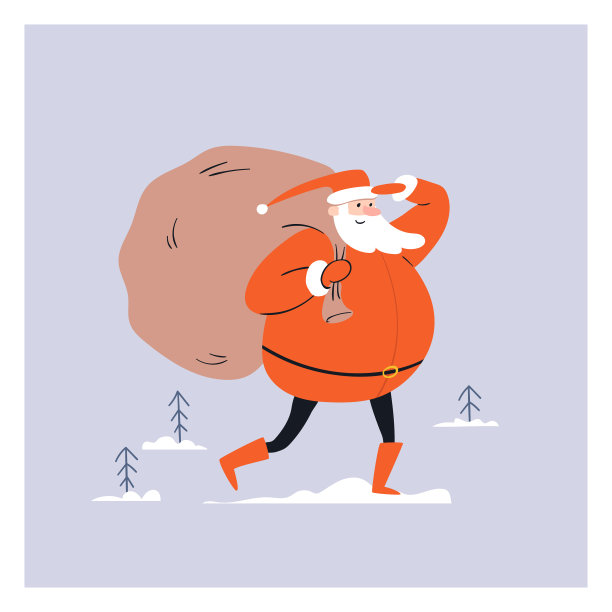 卡通圣诞老人带着一大袋礼物走在路上图片下载