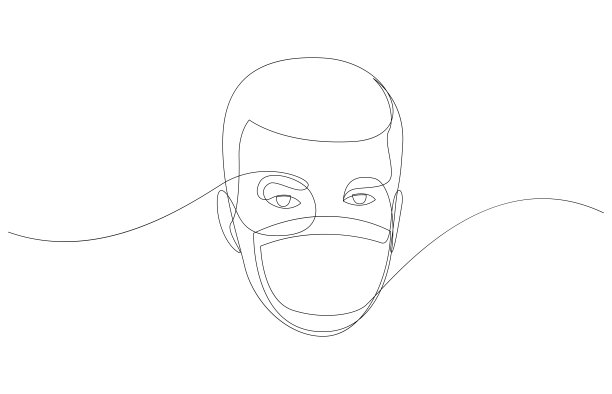 一直线画医用口罩。冠状病毒的概念。连续单画人在掩模单线手绘图片剪影。线的艺术。涂鸦。图片下载
