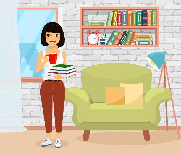 一个年轻的女孩站在家里，手里拿着书和一杯茶或咖啡。一个小女孩正在学习和准备考试。卡通风格的平面矢量插图图片下载