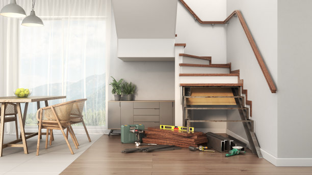 3D渲染拆卸楼梯与工具在现代室内的细节。三维演示图片下载