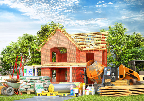 建筑的概念。房子前院有建筑材料。三维演示图片下载