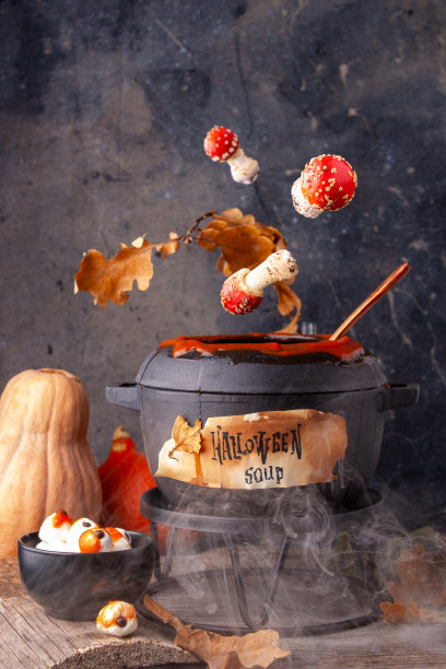 万圣节汤，木制背景上有西红柿、马苏里拉奶酪和有毒蘑菇图片下载
