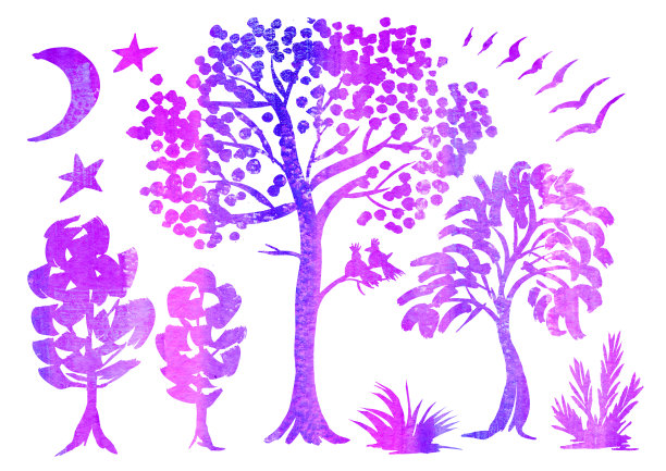 水彩设置夜间森林景观的白色背景。丁香，紫罗兰和紫色的树，月亮，鸟，星星，草和灌木的silhuete图片下载