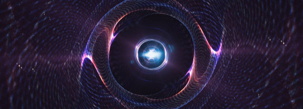 抽象背景与3D插图辉光霓虹灯未来的金属丝网与中心光学光晕现代呈现在黑色背景。3D渲染科学技术模板的网页横幅设计。图片下载