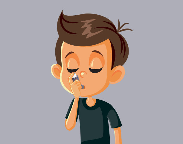 小男孩患有哮喘使用吸入器图片下载