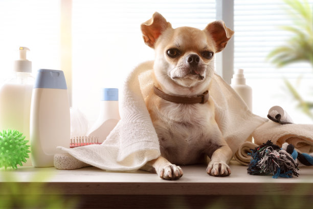 木制桌子上有吉娃娃狗的狗美容沙龙图片下载