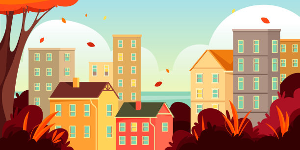 秋天的城市风景或秋天的城市旗帜图片下载