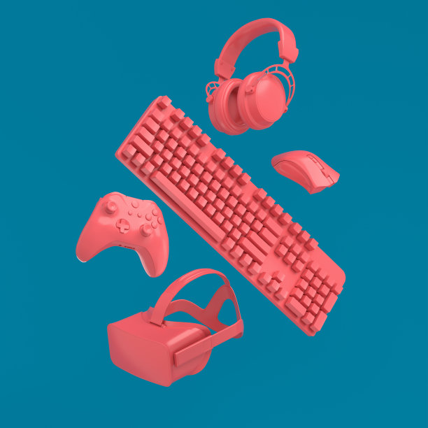 飞行玩家的VR眼镜、耳机和操纵杆等装备是蓝色和粉色的图片下载