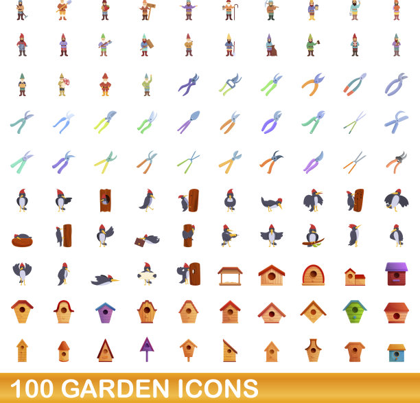 100个花园图标设定卡通风格图片下载