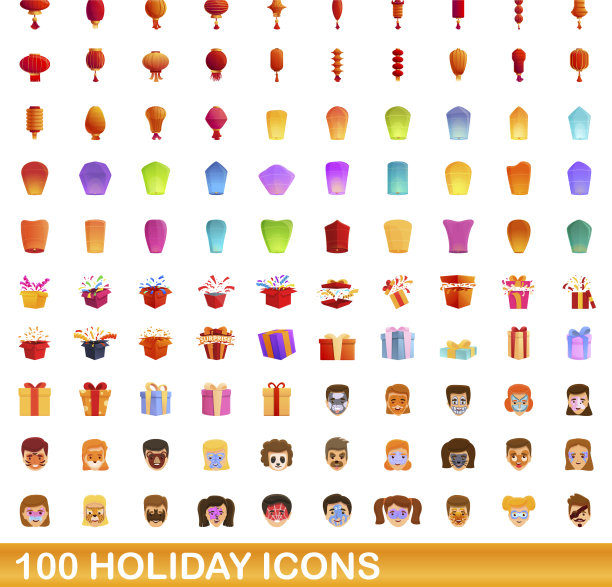 100个节日图标设定卡通风格图片下载