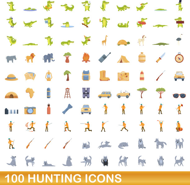 100个狩猎图标设定卡通风格图片下载
