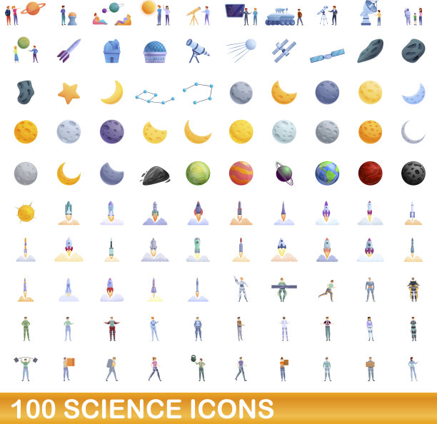 100个科学图标设定卡通风格图片下载