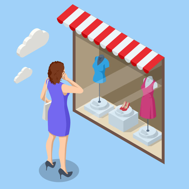 一个身材匀称的女人看着服装店的橱窗图片下载