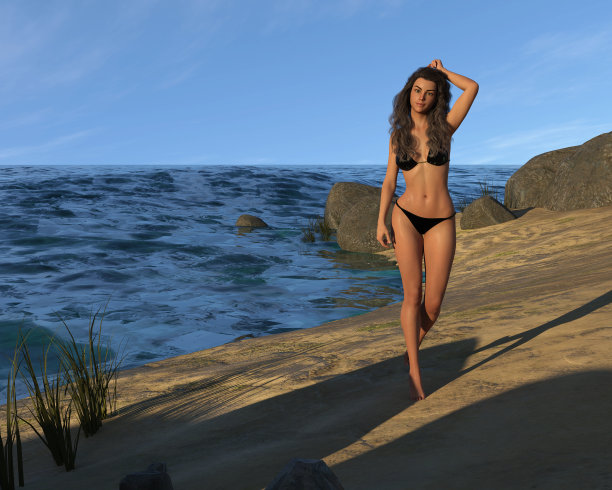 一个可爱的年轻女人穿着比基尼在海滩上散步的插图。图片下载