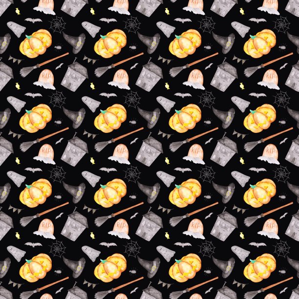 万圣节无缝模式上的黑色背景。水彩蜘蛛网，蝙蝠，布花环，废弃的房子，蜘蛛，墓碑，蜘蛛，女巫扫帚没完没了的打印。万圣节壁纸。图片下载