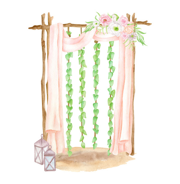 水彩木婚礼拱门悬挂常春藤树叶花环，鲜花，灯笼和彩色窗帘。手绘木牌坊孤立在白色。波西米亚风格的婚礼装饰，乡村风格的邀请装饰。图片下载