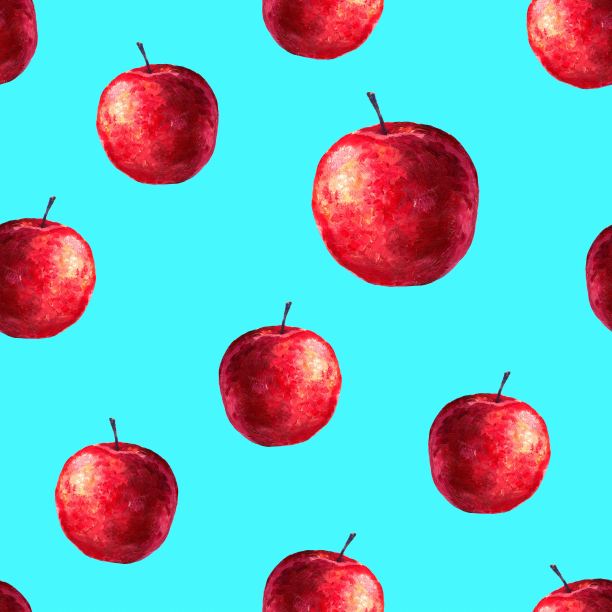 手绘无缝明亮图案。用油彩在蓝绿色背景上画红苹果。用于面料印花、包装、壁纸。自然产品。图片下载