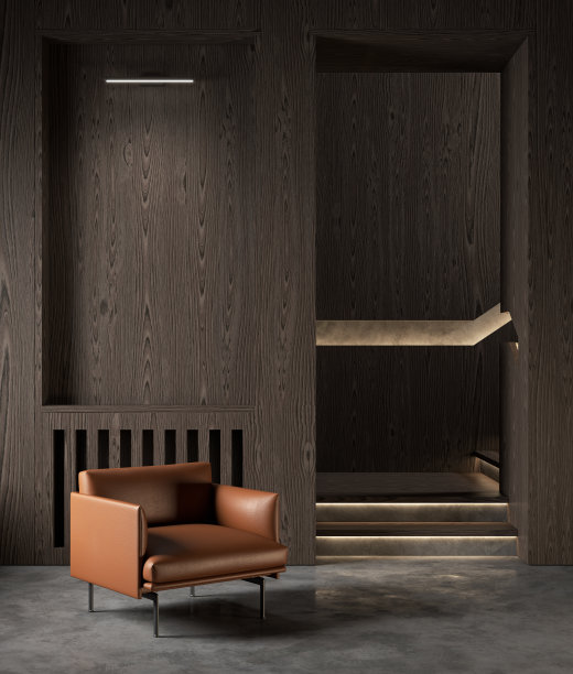 内饰有木板和橙色扶手椅。3d渲染插图模型。图片下载
