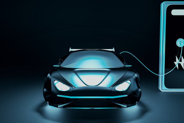 时尚的蓝色电动汽车在黑暗的背景下充电。可替代、电力、车辆和环境概念。模型的地方。3 d渲染。图片下载