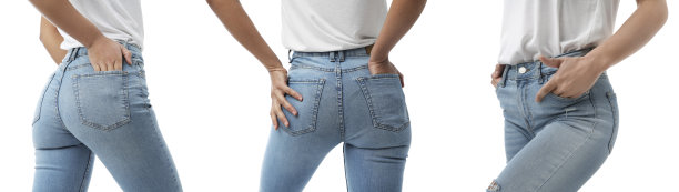 白色背景上穿牛仔裤的女人拼贴，特写。旗帜设计图片下载