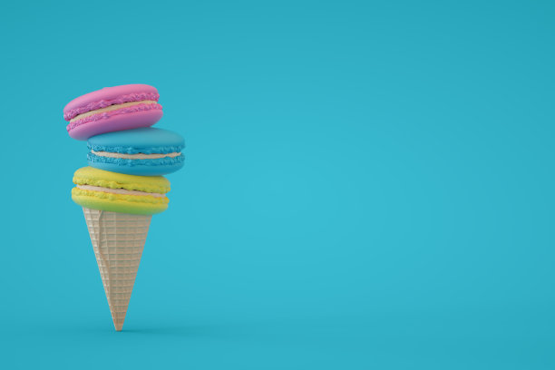 彩色杏仁饼干冰淇淋蛋卷，极简超现实的夏季概念，3D抽象背景图片下载