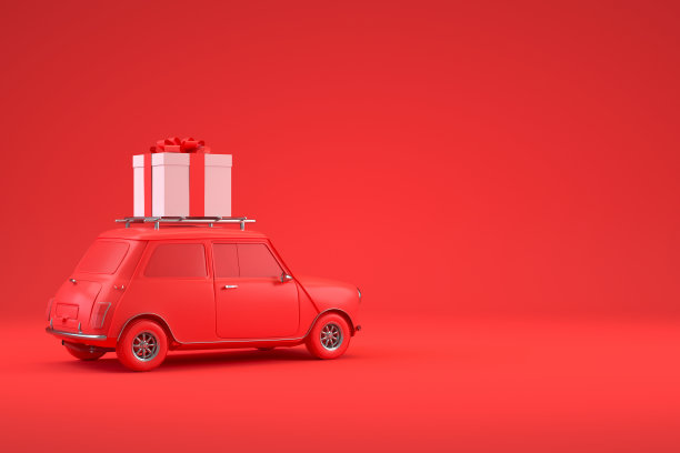圣诞节旅游假日概念，红色汽车，礼品盒，红色背景图片下载