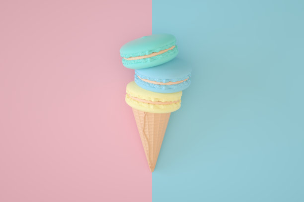 彩色杏仁饼干冰淇淋蛋卷，极简超现实的夏季概念，3D抽象背景图片下载