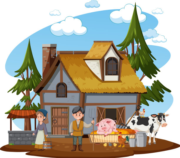 古老的农舍，白色背景上的人图片下载