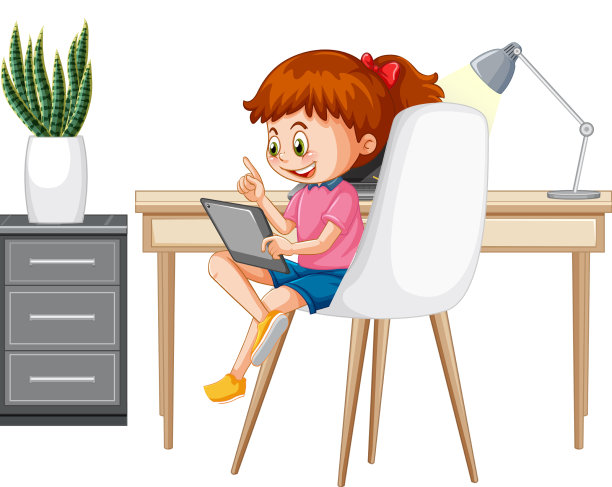 女孩在家学习电子设备图片下载