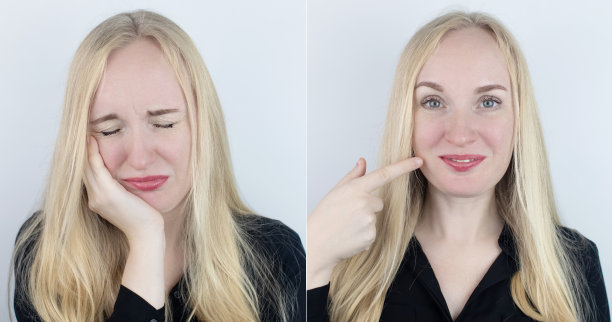 之前和之后。在左边，女人表示牙疼，在右边，表示牙齿不再疼了。牙痛。疼痛管理和专业医疗护理援助的概念。图片下载