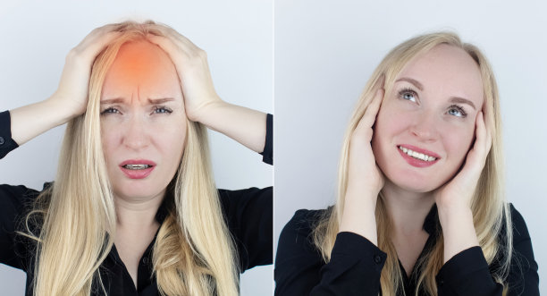 之前和之后。左边的女人表示头痛，右边的则表示头部不再疼痛。偏头痛和高血压的医疗护理理念图片下载