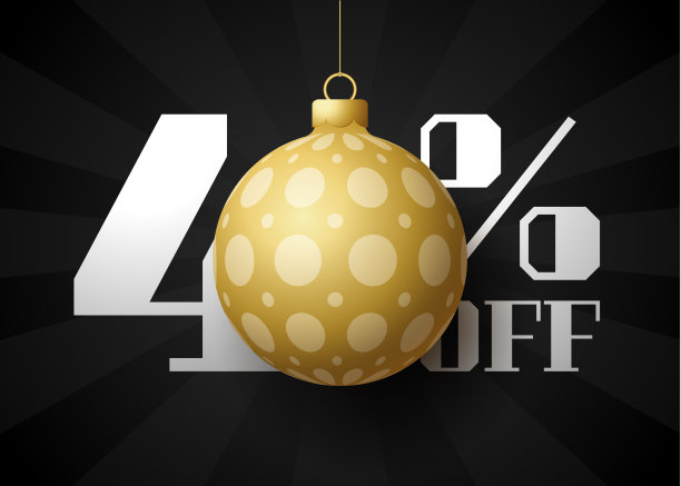 圣诞快乐大减价横幅。豪华圣诞节销售40%折扣黑色皇家旗帜模板装饰金球挂在一根线。新年和圣诞节快乐矢量插图图片下载