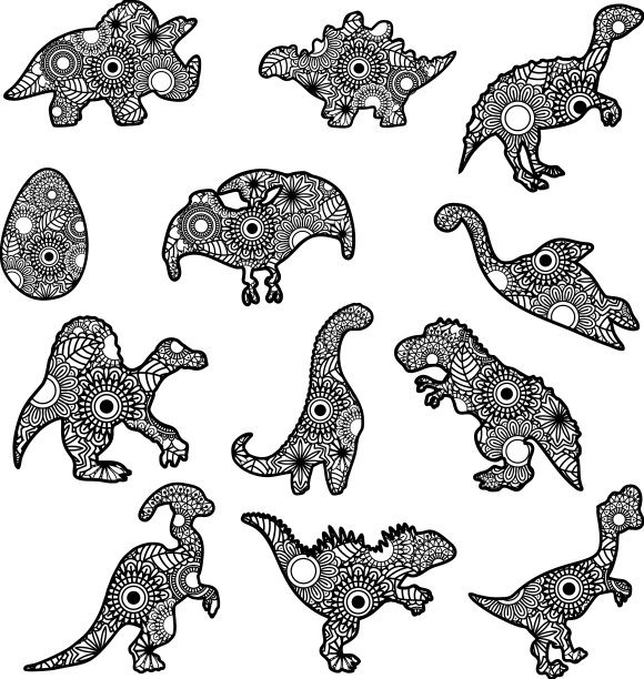 在白色背景上孤立的Zentangle恐龙图片下载