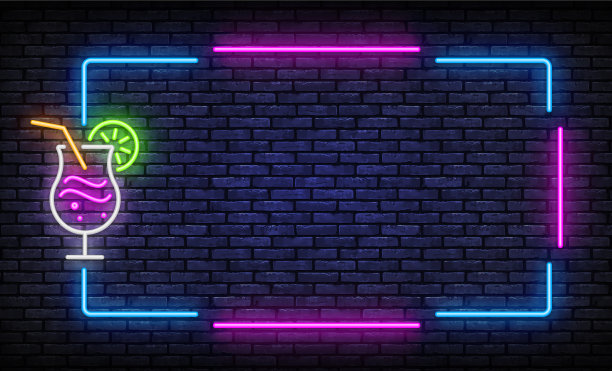 鸡尾酒霓虹灯框架在线艺术风格的粉红色图片下载