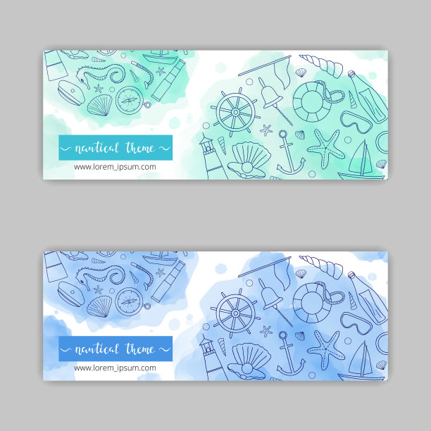 带有手绘海洋物品的横幅模板图片下载