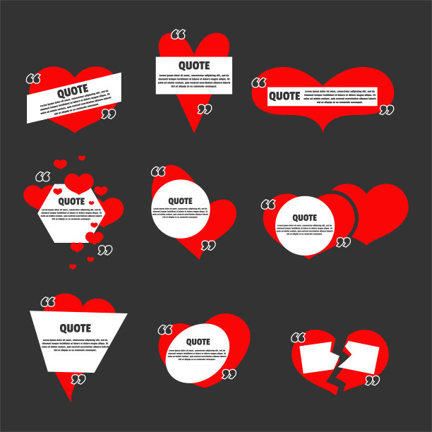红色的心与报价框框架设置孤立的黑色背景。言语泡沫，引文，评论，短信，参考边界的爱情风格。矢量图图片下载