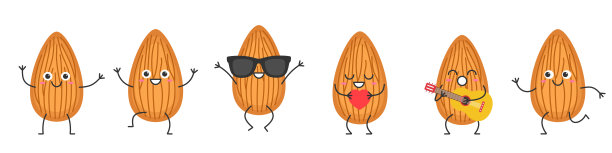 集杏仁人物卡通坚果情绪喜悦幸福笑脸跳跃跑步唱歌图标美丽的矢量插图。图片下载