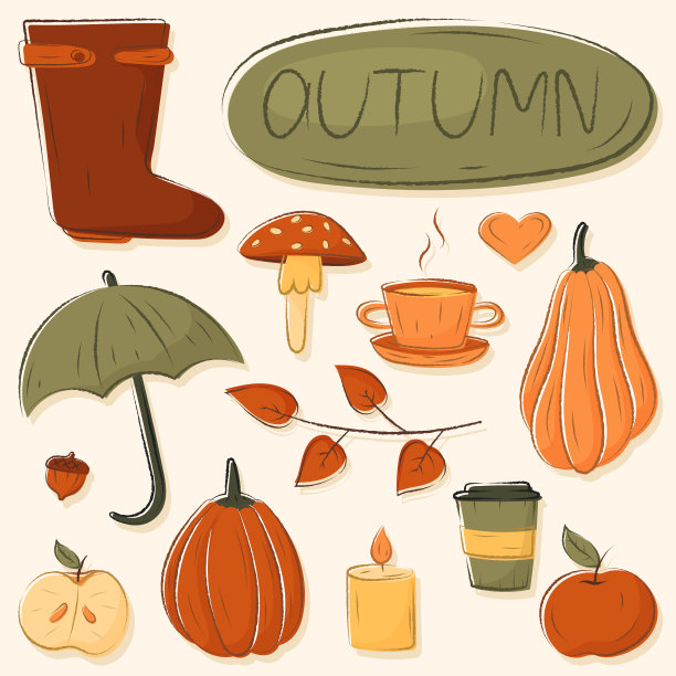 收集孤立的秋天涂鸦元素在温暖舒适的颜色。图片下载