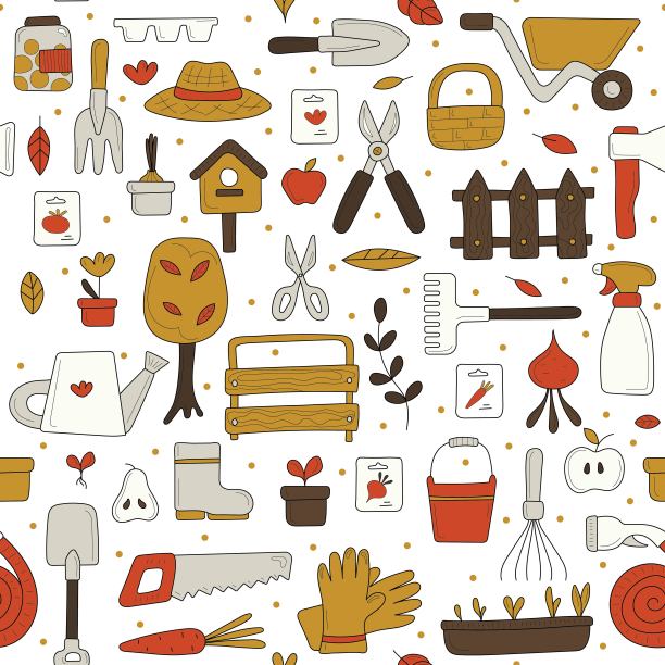 无缝花纹园林工具。园林商店、园林中心的设计。花盆，花园叉子，铲子，农场，耙子，苗木，浇水罐，种子，修剪器，锄头，镰刀，喷雾器，肥料。矢量图图片下载