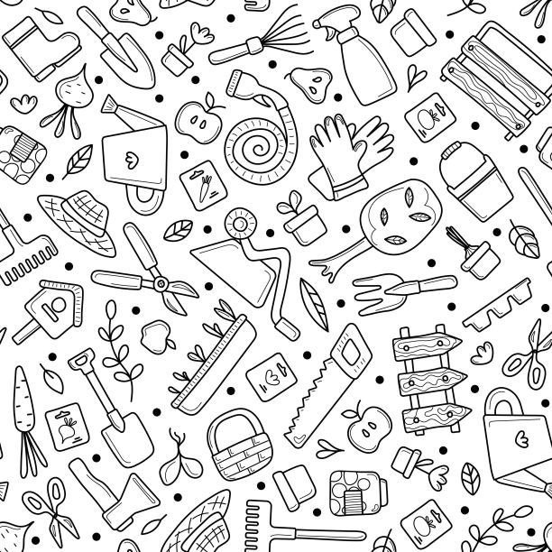 无缝花纹园林工具。黑白图像。园林商店、园林中心的设计。花盆，花园叉子，铲子，农场，耙子，苗木，浇水罐，种子，修剪器，锄头，镰刀，喷雾器，肥料。矢量图图片下载