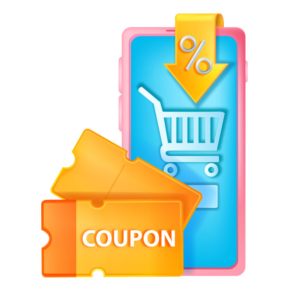 3D折扣券插图，矢量网上购物销售概念，智能手机屏幕，优惠券，购物车。图片下载