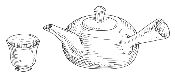 亚洲茶壶和茶杯。古董雕刻单色黑色插图。孤立在白色图片下载